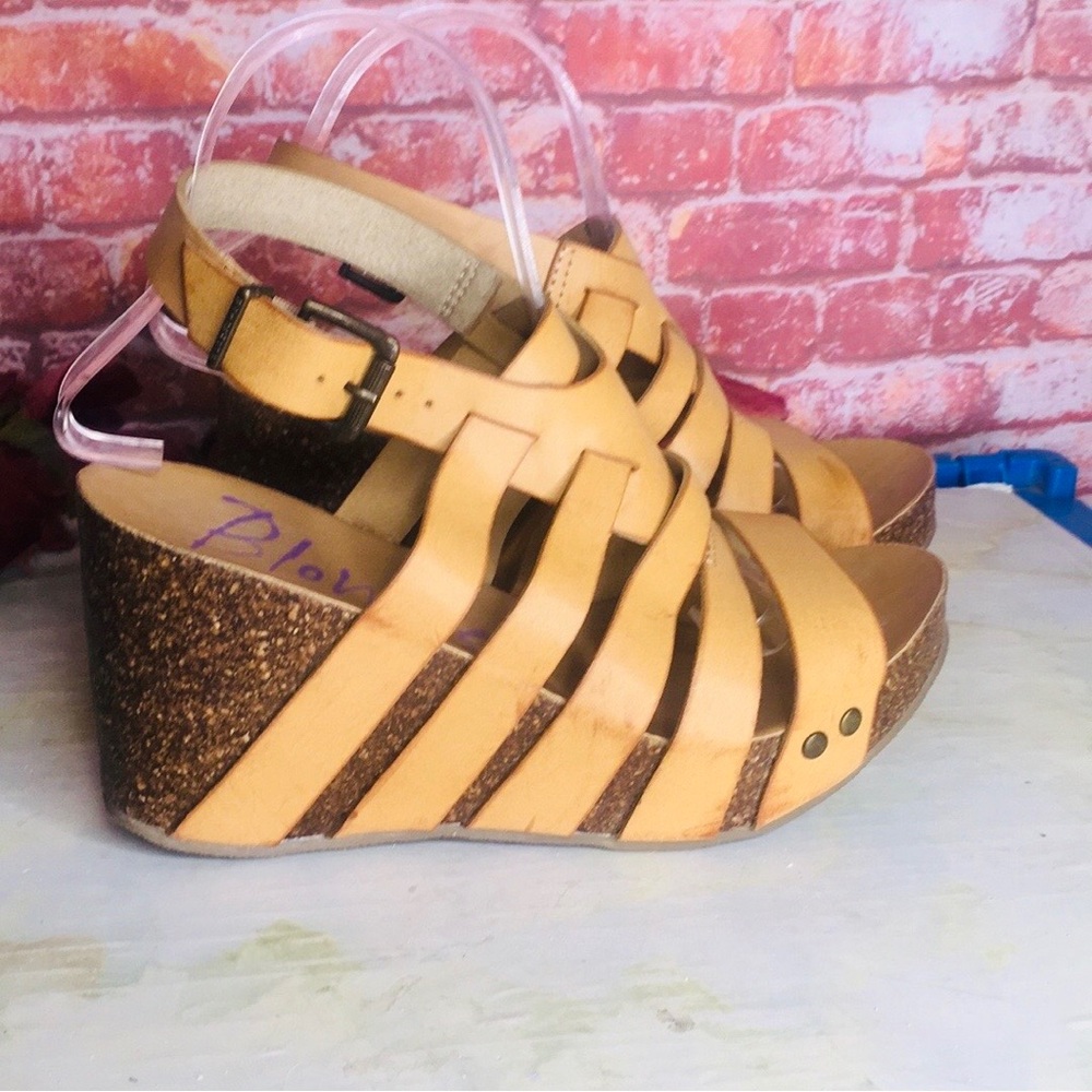 Blowfish Malibu Strappy Yellow Cork Bottom Wedge Sandals